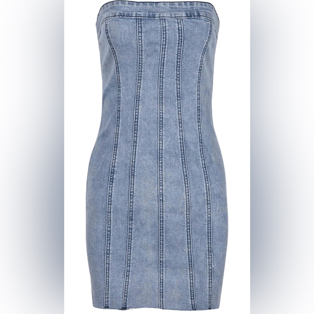Women’s Med Stretchy Denim Bodycon Sexy Strapless Summer Casual W/ Zipper Dress